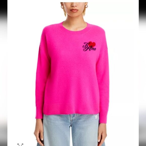 NWT Aqua Cashmere Sweater Bright Hot Pink Ti Amo Heart Crew Neck Size S - Picture 9 of 10